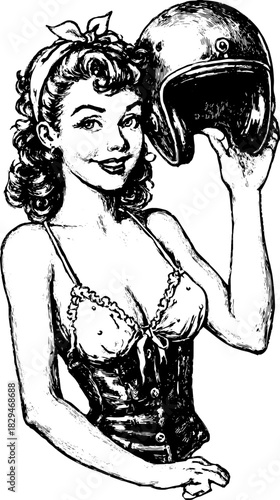 Vintage illustration of a woman with a helmet in outline style. The character features retro aesthetics in a black and white vector set.