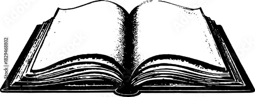 Open book engraving in vintage style. High-quality vector illustration showcasing detailed pages and classic design elements in a clear, precise format.