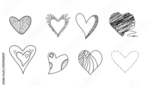Hearts of different shapes, black and white sketch, simple drawing. vector illustration. A set of hearts is isolated on a white background. Wedding theme, birthday, Valentine's day, fabric design