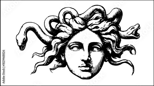 Medusa illustration in vintage engraving style. Detailed black and white line drawing of a mythological figure, this is a vector set.