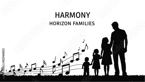 Silhouette of a loving family walking together with musical notes flowing around them