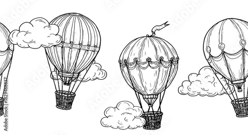 Balloon with a wicker basket, black and white sketch. Vector illustration. Seamless border with a child's toy and fluffy clouds, isolated on a white background. Birthday theme, nursery decor
