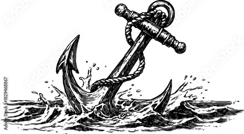 Vintage anchor drawing in outline style with rope and water splashes. Detailed vector illustration showcasing marine elements.