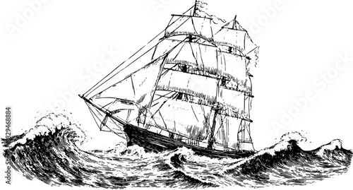 Vintage sailing ship illustration with detailed line drawings navigating through ocean waves, presented in a classic black and white vector style.
