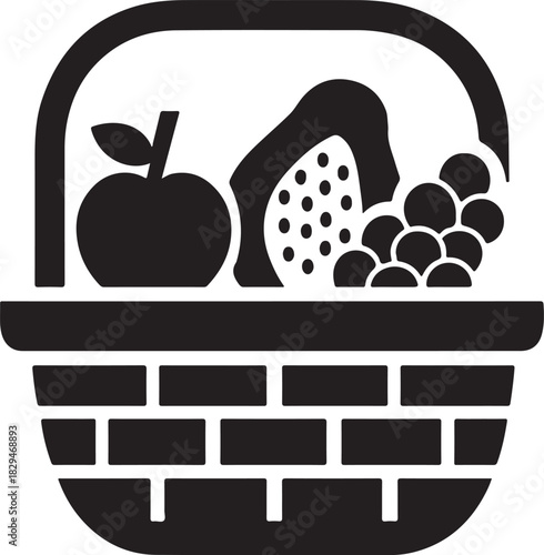Traditional woven basket silhouette icon with mixed fruits including apple papaya and grapes for clean UI.