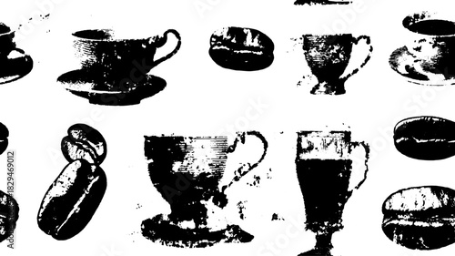 Coffee cup engraving with silhouette design. Vintage black drawing vector illustration of a teacup and bean set.