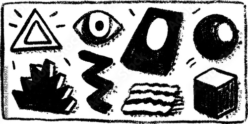 Geometric shapes including triangle, eye, circle, and square in black and white. Creative vector illustration with abstract patterns in a set.