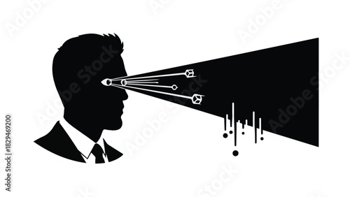 Man's silhouette observing data streams and abstract connections emanating from his eyes.