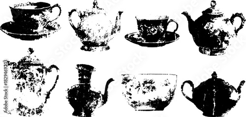 Vintage teapot and cup set in line drawing style. Black and white engraving illustration for home decor in vector format.
