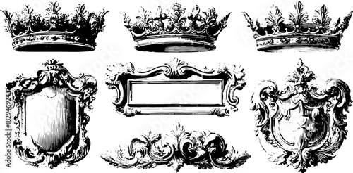 Vintage crowns and shields in detailed line art style. Decorative vector illustration set for classic design uses.