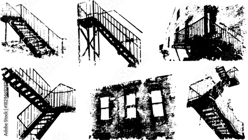 Staircase engraving illustration with vintage outline style in black and white. Architectural details depicted in a minimalist vector style.