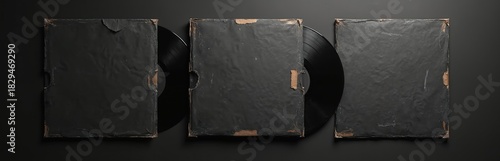 Three old vinyl records with scratched and shabby black cardboard covers on dark background. Vinyl discs are partially visible under covers. Covers are square textured and distressed.