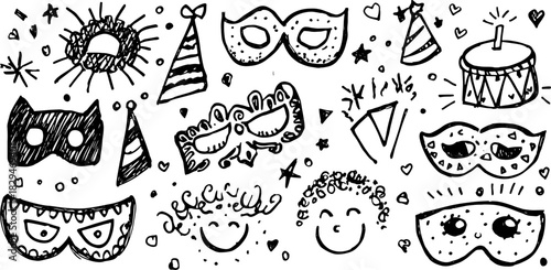 Party masks and festive hats in hand-drawn style. Black and white vector illustration set with decoration elements for celebrations.