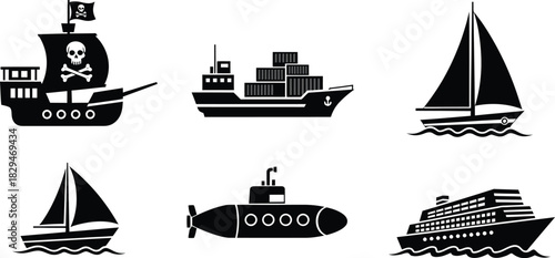 Flat design vector illustration of ships and boats collection