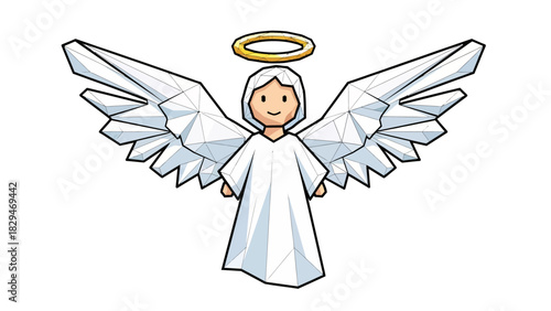 Adorable angel character with geometric wings and halo, perfect for holiday greetings and spiritual themes, adding a touch of whimsical charm