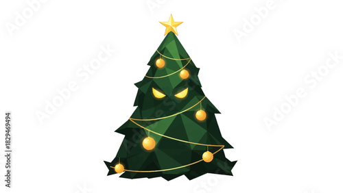 Unique low-poly Christmas tree with glowing eyes and golden star, perfect for holiday designs with a playful, slightly spooky twist, ready for commercial use