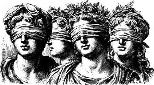Classical sculptures of blindfolded figures. Detailed vintage illustration set as a vector image.