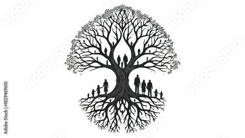Generations connected through a symbolic tree of life, representing family heritage and growth.