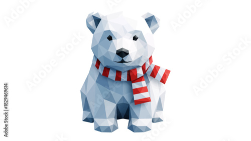 Adorable low-poly polar bear with festive red and white striped scarf is perfect for holiday greetings and heartwarming winter designs