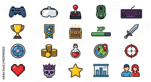 A collection of 20 colorful gaming icons representing various elements like controller, VR headset, trophy, coins, potion, and sword.