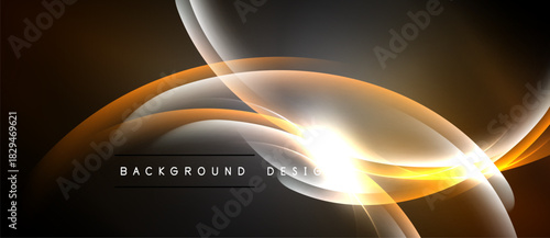 Abstract design features flowing orange, white lines. Bright center creates dynamic visual effect. Dark background emphasizes curves, light.