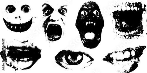 Illustration of faces with various expressions, including screams and smiles. Black and white vector set highlighting emotions and contrast.