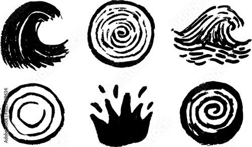 Wave and splash icons in black and white. Simple vector illustration set featuring abstract circular patterns and textures.