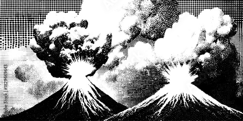 Volcano eruption in black and white engraving style. Vintage illustration showcasing nature's explosive forces with detailed vector art.