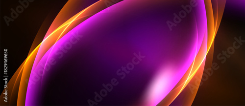Abstract design features vibrant purple, orange curves. Smooth gradients create dynamic, flowing visual effect. Dark background emphasizes luminosity.