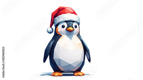 Adorable geometric penguin wearing Santa hat spreads holiday cheer, perfect for seasonal cards, festive designs, and joyful celebrations