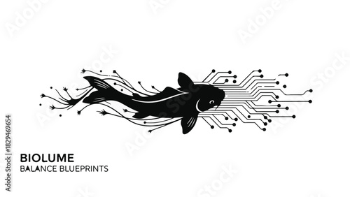 Futuristic koi fish merges with digital circuit board, symbolizing technological innovation and nature's harmony.