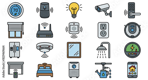 A collection of colorful icons depicting smart home technology and devices.