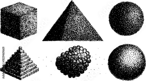 Geometric shapes in black and white. This vector illustration features a set of cube, sphere, pyramid, and cone with simple designs and textures.