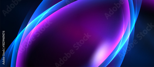 Abstract flowing shapes, vibrant purple, blue hues dominate composition. Smooth gradients create dynamic visual effect. Dark background emphasizes luminosity.