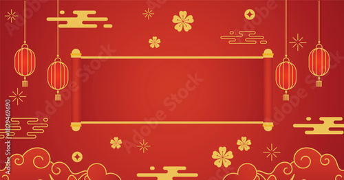 Chinese new year background with scroll Paper and chinese ornament