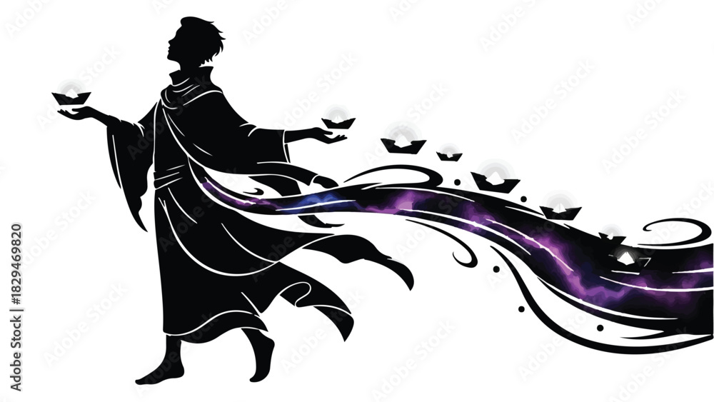 Fototapeta premium Mysterious figure releasing sparkling orbs of light into swirling cosmic energy, symbolizing creation or magic.