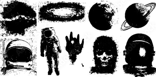 Astronaut in black and white silhouette style. Cosmic elements include planets and galaxy textures in a vector illustration.