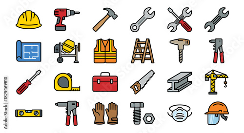 Collection of various colorful construction icons and tools on a clean white background in a flat lay composition with a vibrant and organized mood.