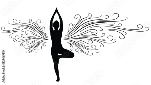 Serene silhouette of a person in yoga tree pose with elegant, flowing decorative wings
