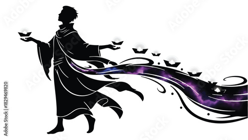 Mysterious figure releasing sparkling orbs of light into swirling cosmic energy, symbolizing creation or magic.