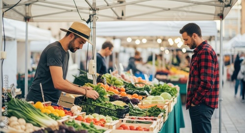 Wallpaper Mural Man selecting fresh vegetables at a bustling farmers market Torontodigital.ca