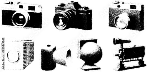 Camera silhouettes in vintage style. Hand-drawn black outline vector illustration set for artistic or graphic purposes.