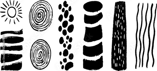 Silhouette hand-drawn elements in black outline style. This set features unique shapes and patterns for artistic vector illustration.