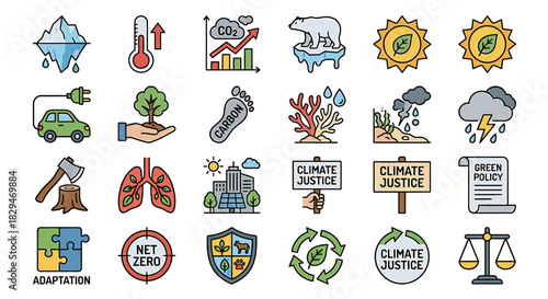 Flat lay of various colorful climate change and environmental icons on a clean white background with a mix of illustrations and graphics.