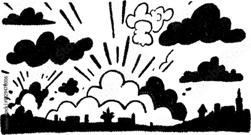 Stylized sunset scene with clouds and silhouette on the horizon. Simple black and white vector illustration set showcasing digital artwork.