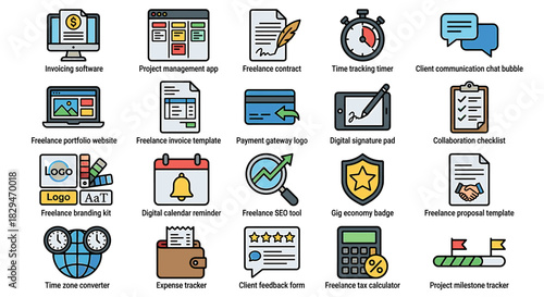 Flat lay of various business and productivity icons on a clean white background with a professional and organized mood.
