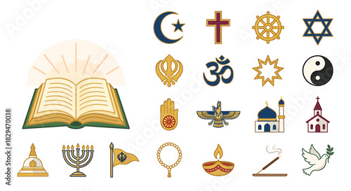 Flat lay illustration of various religious symbols and an open book against a clean white background with a neutral and informative mood.