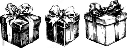 Illustration of a set of gift boxes with bows. Hand-drawn style in black and white, suitable for festive occasions in vector format.