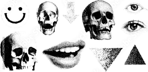 Skull, eye, and smile illustrations in monochrome dot style. Simple geometric shapes create a modern vector illustration set.