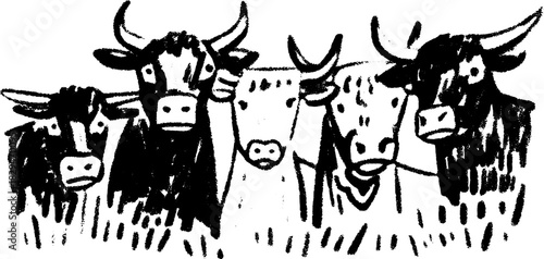 Cows in a sketch style illustration. Simple black and white vector design of a group of grazing animals in an agricultural set.